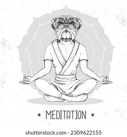 Hand drawing hipster animal bulldog meditating in lotus position on mandala background. Vector illustration