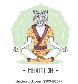 Hand drawing hipster animal cheetah meditating in lotus position on mandala background. Vector illustration