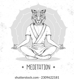 Hand drawing hipster animal cheetah meditating in lotus position on mandala background. Vector illustration