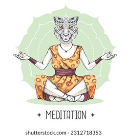 Hand drawing hipster animal cheetah meditating in lotus position on mandala background. Vector illustration