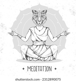 Hand drawing hipster animal cheetah meditating in lotus position on mandala background. Vector illustration