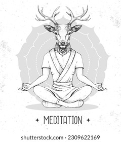 Hand drawing hipster animal deer meditating in lotus position on mandala background. Vector illustration