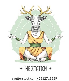 Hand drawing hipster animal deer meditating in lotus position on mandala background. Vector illustration