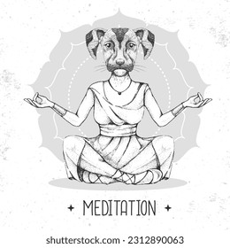 Hand drawing hipster animal dog meditating in lotus position on mandala background. Vector illustration