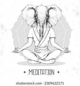Hand drawing hipster animal elephant meditating in lotus position on mandala background. Vector illustration