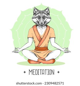 Hand drawing hipster animal fox meditating in lotus position on mandala background. Vector illustration