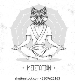 Hand drawing hipster animal fox meditating in lotus position on mandala background. Vector illustration