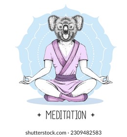 Hand drawing hipster animal koala meditating in lotus position on mandala background. Vector illustration