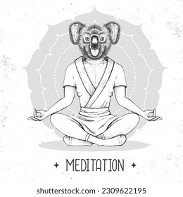 Hand drawing hipster animal koala meditating in lotus position on mandala background. Vector illustration
