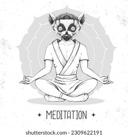 Hand drawing hipster animal lemur meditating in lotus position on mandala background. Vector illustration