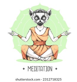 Hand drawing hipster animal lemur meditating in lotus position on mandala background. Vector illustration