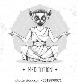 Hand drawing hipster animal lemur meditating in lotus position on mandala background. Vector illustration
