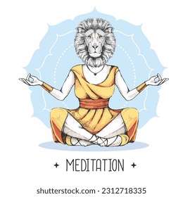 Hand drawing hipster animal lion meditating in lotus position on mandala background. Vector illustration