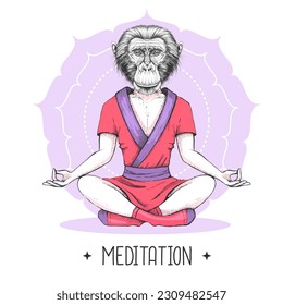 Hand drawing hipster animal monkey meditating in lotus position on mandala background. Vector illustration