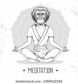 Hand drawing hipster animal monkey meditating in lotus position on mandala background. Vector illustration