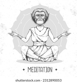 Hand drawing hipster animal monkey meditating in lotus position on mandala background. Vector illustration