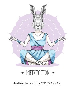 Hand drawing hipster animal rabbit meditating in lotus position on mandala background. Vector illustration