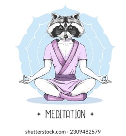 Hand drawing hipster animal raccoon meditating in lotus position on mandala background. Vector illustration