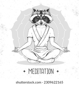 Hand drawing hipster animal raccoon meditating in lotus position on mandala background. Vector illustration