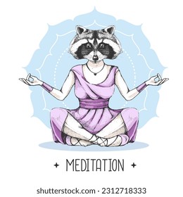 Hand drawing hipster animal raccoon meditating in lotus position on mandala background. Vector illustration