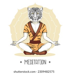 Hand drawing hipster animal tiger meditating in lotus position on mandala background. Vector illustration