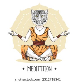 Hand drawing hipster animal tiger meditating in lotus position on mandala background. Vector illustration