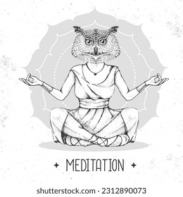 Hand drawing hipster bird owl meditating in lotus position on mandala background. Vector illustration