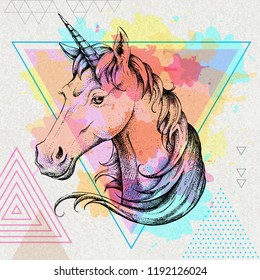 Hand drawing Hipster fantasy animal unicorn on artistic polygon watercolor background