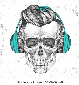 Hand drawing hipster illustration of skull with headphones on grunge background. Hipster fashion style