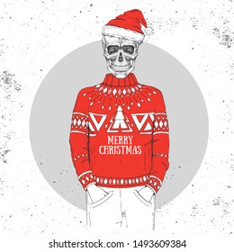 Hand drawing hipster illustration of skull with new year hat on grunge background. Hipster fashion style