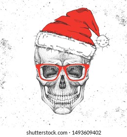 Hand drawing hipster illustration of skull with new year hat on grunge background. Hipster fashion style