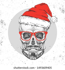 Hand drawing hipster illustration of skull with new year hat on grunge background. Hipster fashion style