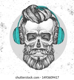 Hand drawing hipster illustration of skull with headphones on grunge background. Hipster fashion style