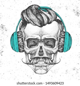 Hand drawing hipster illustration of skull with headphones on grunge background. Hipster fashion style