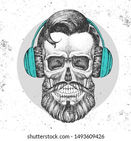 Hand drawing hipster illustration of skull with headphones on grunge background. Hipster fashion style