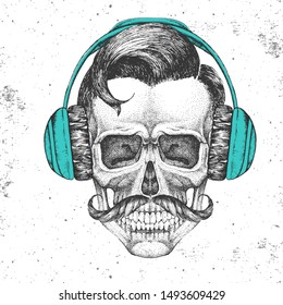 Hand drawing hipster illustration of skull with headphones on grunge background. Hipster fashion style