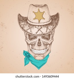 Hand drawing hipster illustration of skull with sheriff's hat on grunge background. Hipster fashion style