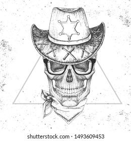 Hand drawing hipster illustration of skull with sheriff's hat on grunge background. Hipster fashion style