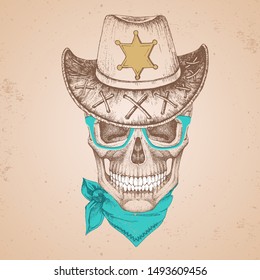 Hand drawing hipster illustration of skull with sheriff's hat on grunge background. Hipster fashion style