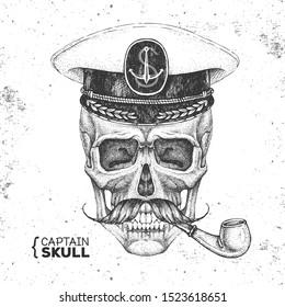 Hand drawing hipster skull with captain's cap and smoking pipe on grunge background. Hipster fashion style