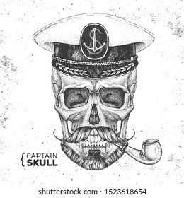 Hand drawing hipster skull with captain's cap and smoking pipe on grunge background. Hipster fashion style