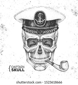 Hand drawing hipster skull with captain's cap and smoking pipe on grunge background. Hipster fashion style