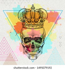 Hand drawing hipster skull with crown on artistic watercolor background. Hipster fashion style