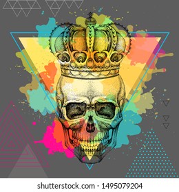 Hand drawing hipster skull with crown on artistic watercolor background. Hipster fashion style