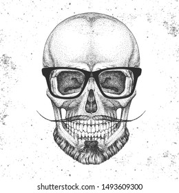 Hand drawing hipster skull illustration on grunge background. Hipster style