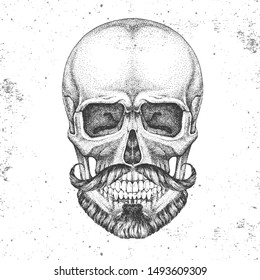 Hand drawing hipster skull illustration on grunge background. Hipster style