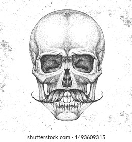 Hand drawing hipster skull illustration on grunge background. Hipster style