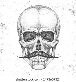 Hand drawing hipster skull illustration on grunge background. Hipster style