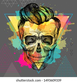 Hand drawing hipster skull illustration on artistic watercolor background. Hipster fashion style