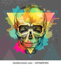 Hand drawing hipster skull illustration on artistic watercolor background. Hipster fashion style